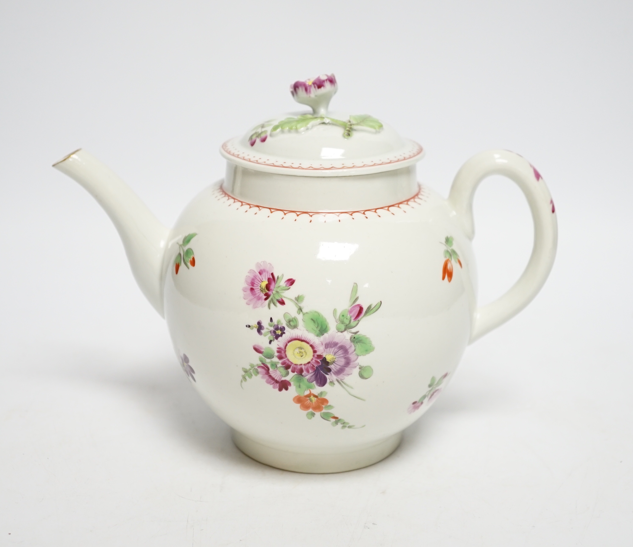A Worcester globular teapot c. 1780, hand painted with flowers, 21cm wide